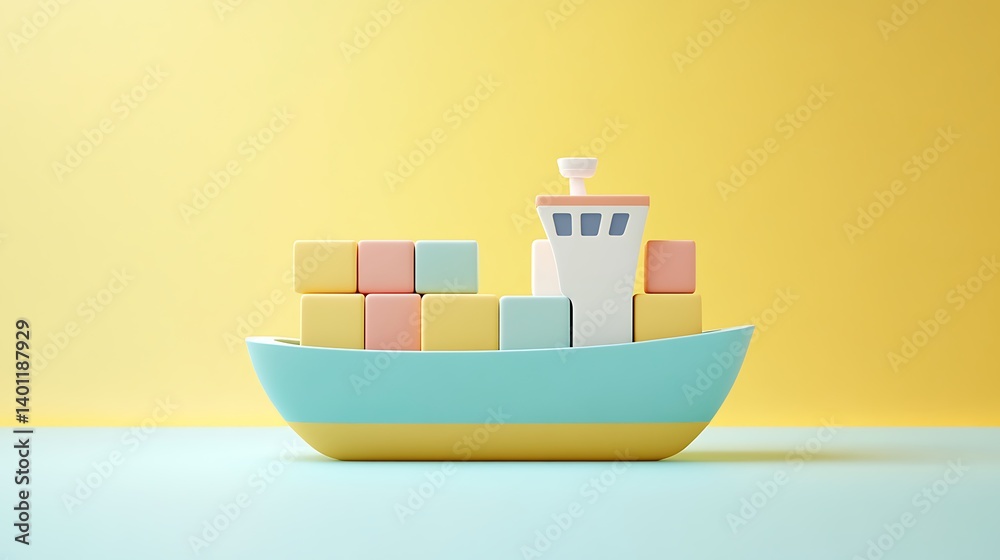 Fototapeta premium Cute Cargo Ship on Pastel Background
