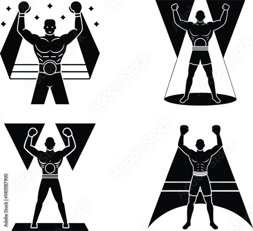 Four black silhouette illustrations of victorious boxers, showcasing a celebratory, triumphant mood.
