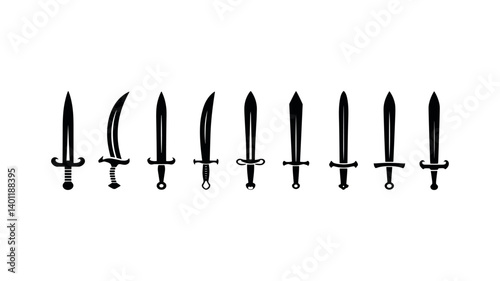 Array of Swords: A collection of ten different sword silhouettes, each meticulously crafted, standing in a row, representing different historical periods and styles. Each image is in monochrome color.