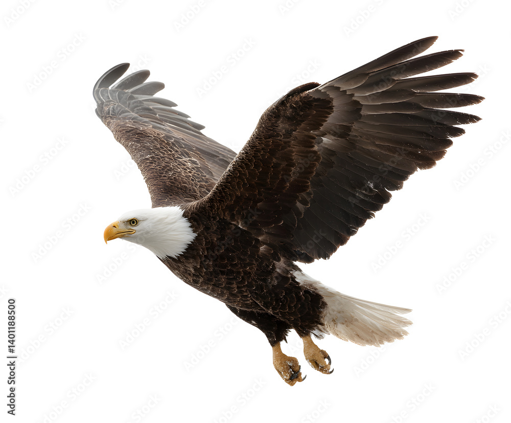 Fototapeta premium Majestic bald eagle soars high. Its powerful wings spread wide, symbolizing freedom and strength. A symbol of nature's grandeur.
