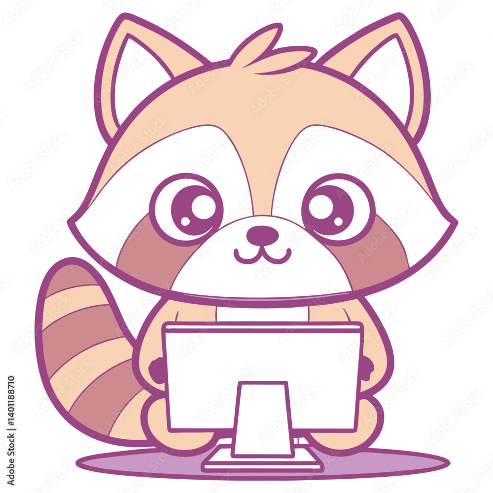 Cute Cartoon Raccoon Holding a Computer with Striped Tail & Violet Outline Cute Cartoon Raccoon Holding a Computer with Striped Tail & Violet Outline
