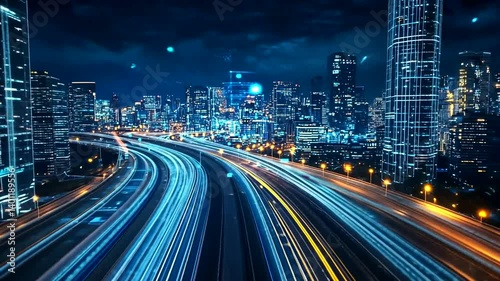 Illuminated cityscape with streaks of light trace roads in the dark, urban architecture