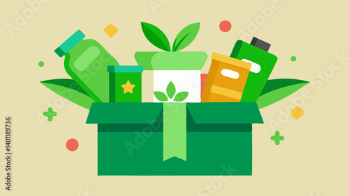 Natures Gift An open gift box overflowing with green products such as seed packets organic teas and recycled materials with a large green bow on top.