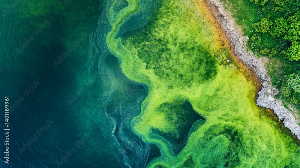 Fototapeta premium Aerial View of Lush Green Riverbanks and Forest With Flowing Water in Nature