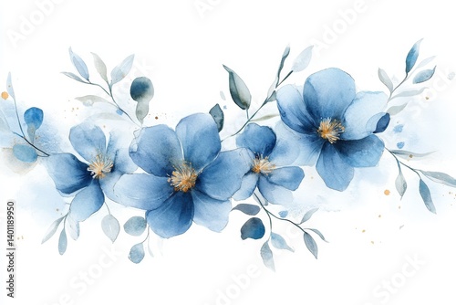 Fototapeta Naklejka Na Ścianę i Meble -  Serene Blue Watercolor Floral Arrangement - Elegant blue watercolor flowers, symbolizing tranquility, serenity, purity, growth, and new beginnings. Perfect for elegant designs