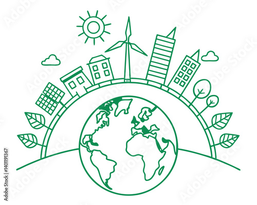 Green Earth with Sustainable City, Solar, Wind, and Trees Illustration