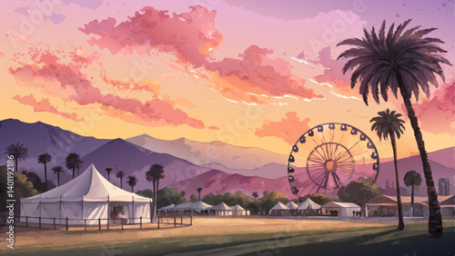 "Watercolor Sunset Background in Pink, Purple & Gold – Breathtaking Coachella-Inspired Festival Sky with Copy Space"