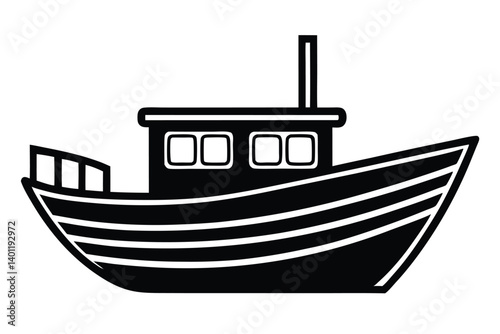 Simple black and white boat illustration with cabin and chimney sketch