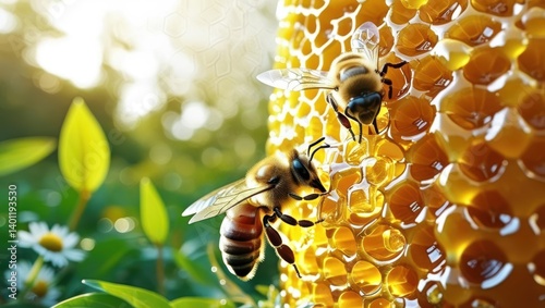 In A Lush Garden, Buzzing Bees Surround Dripping Honeycomb, Capturing The Essence Of Natural Sweetness And Pollination In A Serene Outdoor Setting.