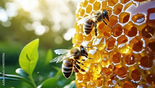 In A Lush Garden, Buzzing Bees Surround Dripping Honeycomb, Capturing The Essence Of Natural Sweetness And Pollination In A Serene Outdoor Setting.