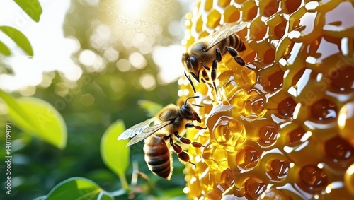 In A Lush Garden, Buzzing Bees Surround Dripping Honeycomb, Capturing The Essence Of Natural Sweetness And Pollination In A Serene Outdoor Setting.