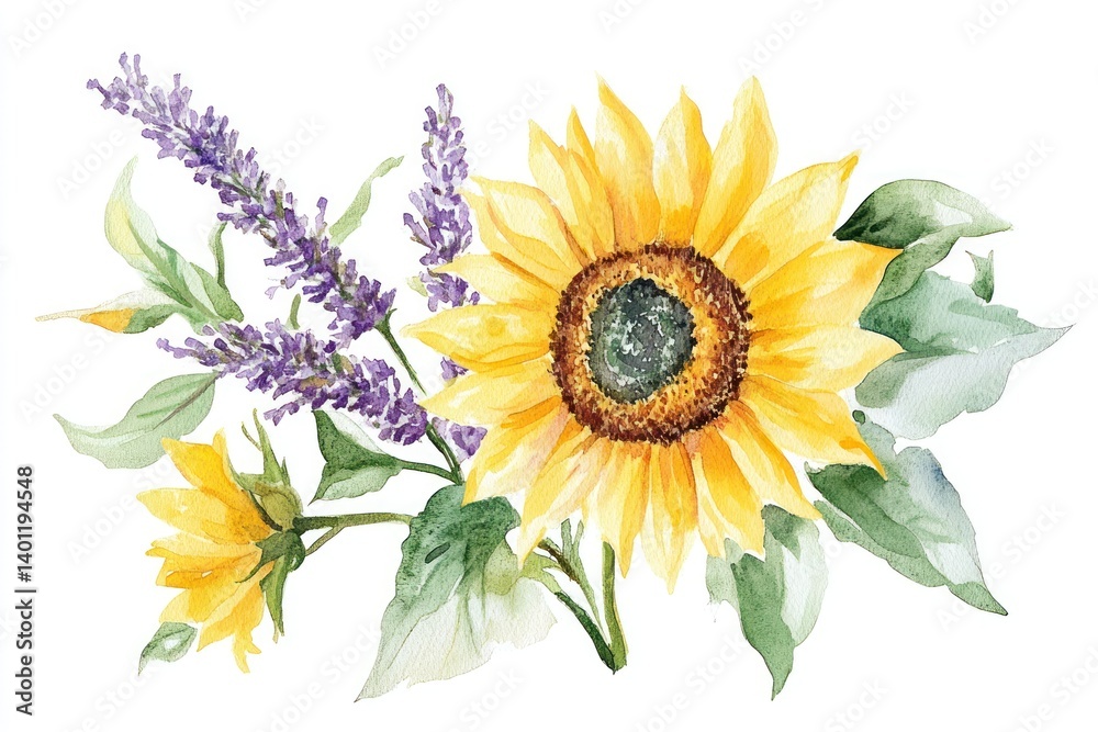 A beautiful watercolor illustration of a sunflower and lavender flowers, ideal for creating a rustic bouquet or frame.