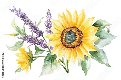 Obraz na płótnie A beautiful watercolor illustration of a sunflower and lavender flowers, ideal for creating a rustic bouquet or frame. w salonie