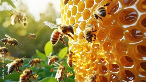 In A Lush Garden, Buzzing Bees Surround Dripping Honeycomb, Capturing The Essence Of Natural Sweetness And Pollination In A Serene Outdoor Setting.