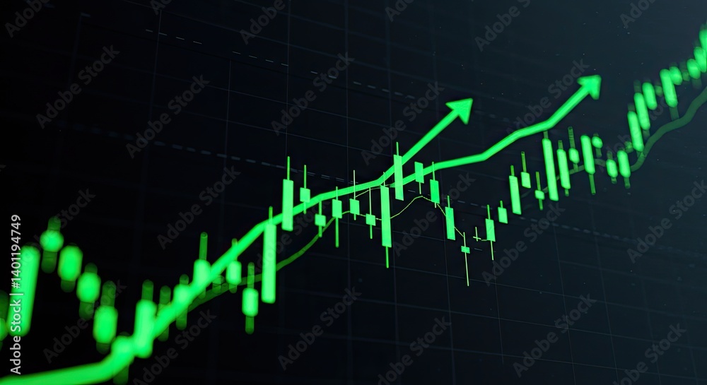 Green Upward Trending Candlestick Chart Showing Stock Market Growth and Financial Investment Success, Positive Economic Indicators and Bullish Market Signals for Business and Finance. Green Upward Trending Candlestick Chart Showing Stock Market Growth and Financial Investment Success, Positive Economic Indicators and Bullish Market Signals for Business and Finance.