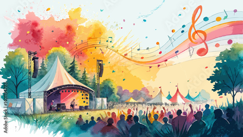 "Vibrant Watercolor Music Festival Scene with Abstract Crowds, Tents, and Stages, Energetic Splashes of Bright Colors, with Copy Space"