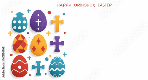 Colorful Easter Eggs and Crosses Design on White Background  