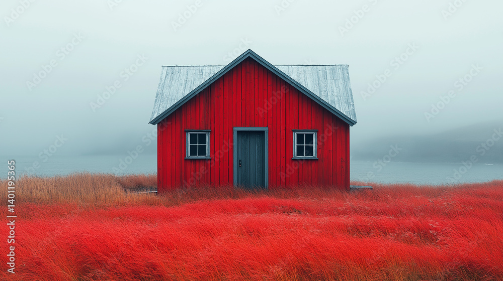 Obraz premium Vibrant red cabin nestled in stunning autumn foliage by a serene lake in a tranquil misty landscape during the golden hour