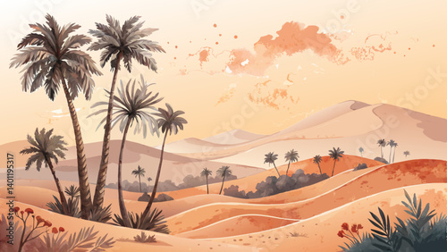 "Watercolor desert landscape in soft tan and orange, vibrant Coachella-inspired scenery with palm trees and rolling dunes, with copy space