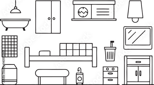 Clean and elegant black outline furniture icons for modern and smart home concepts.