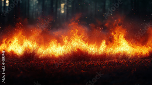 Fiery blaze consumes dry grasslands under a darkened forest canopy, casting an eerie glow. Field with burning dry grass. Fire forest