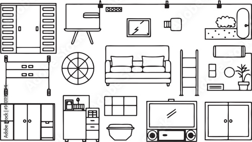 Modern home furniture and appliances icon set in minimal outline style for interior design and lifestyle projects.