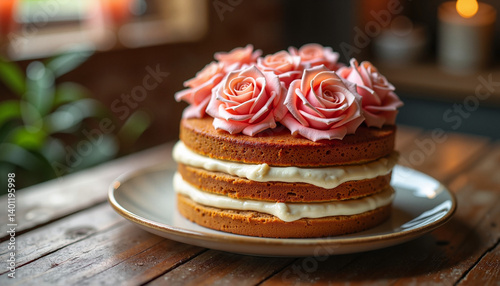  Puff pastry cake with edible roses in close-up view