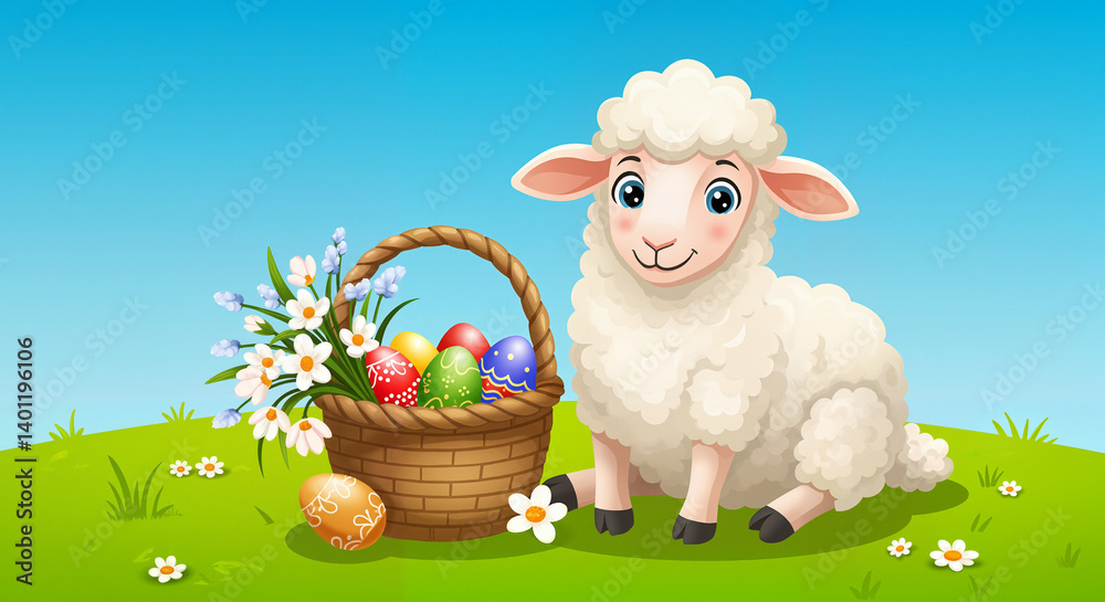 Cute lamb with Easter basket in a colorful spring landscape -