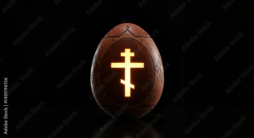 Ornate egg with illuminated cross symbol on dark background
