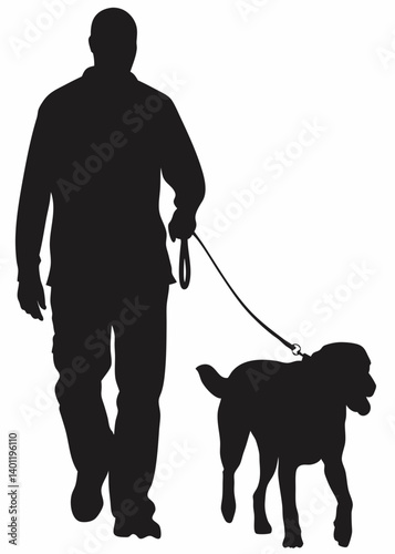 Vector silhouette of man who walk with his dog with leash on white badkground. Symbol of animal, pet, friends,walk