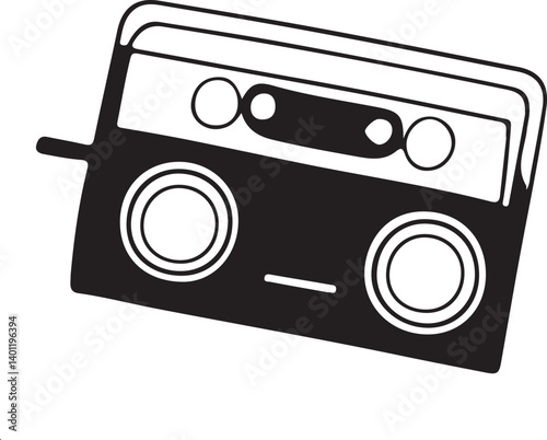 Vintage black and white audio cassette tape with retro music equipment and boombox elements