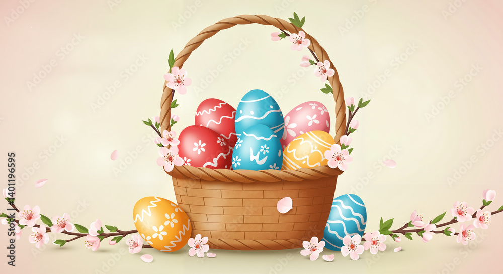 Colorful Easter eggs in a basket surrounded by cherry blossoms