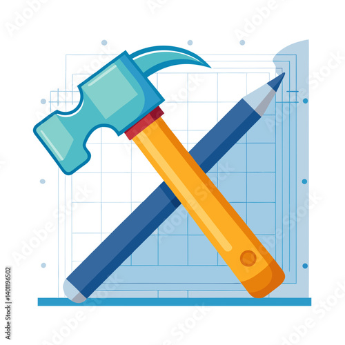 Hammer and Blueprint Icon for Construction and Renovation

