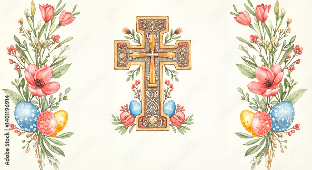 Easter cross decorated with flowers and colorful eggs