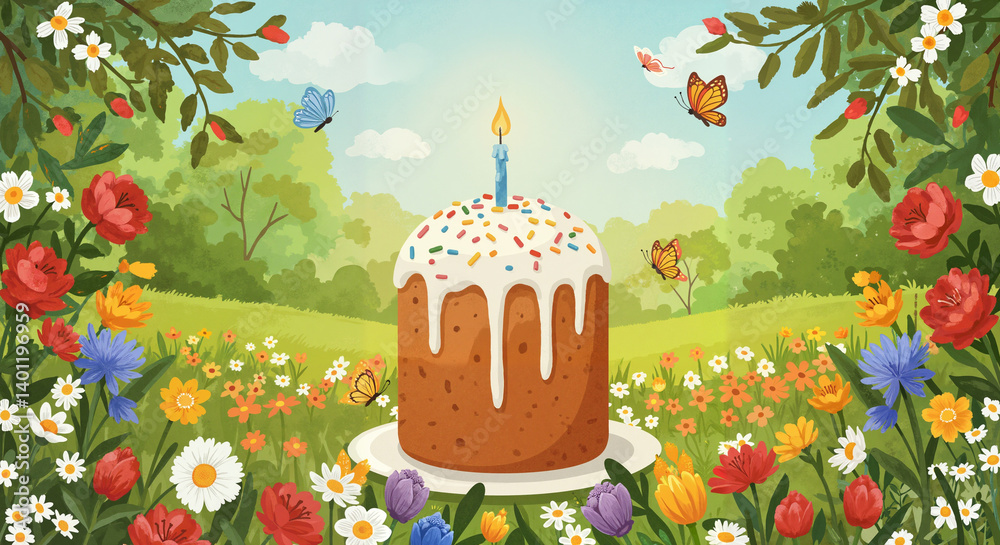 Easter cake in a vibrant floral meadow with butterflies