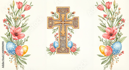 Obraz na płótnie Easter cross decorated with flowers and colorful eggs w salonie