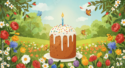 Obraz na płótnie Easter cake in a vibrant floral meadow with butterflies w salonie
