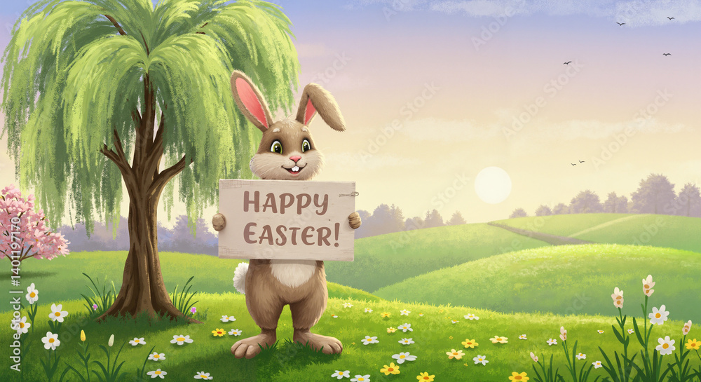 Easter bunny holding a sign in a colorful spring landscape