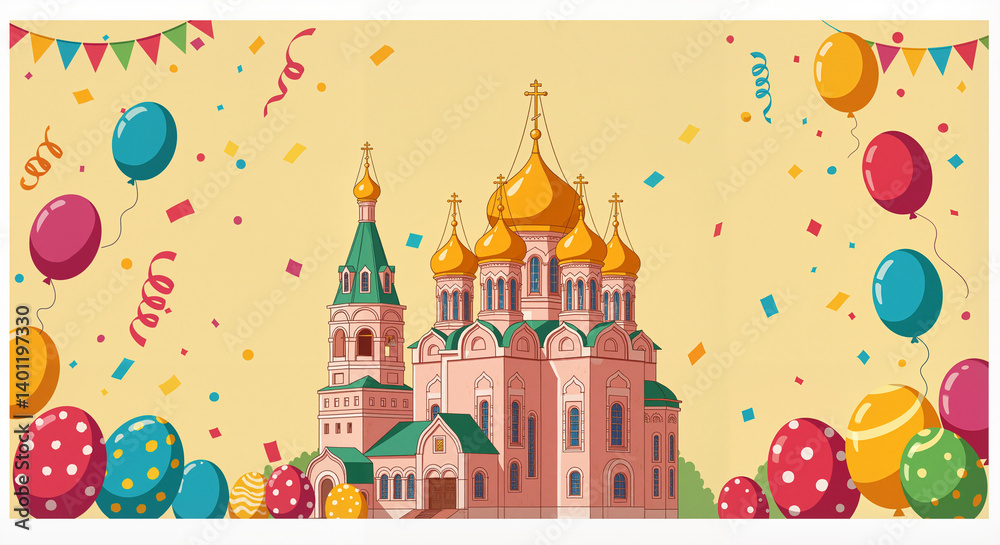 Colorful festive scene with a church and balloons