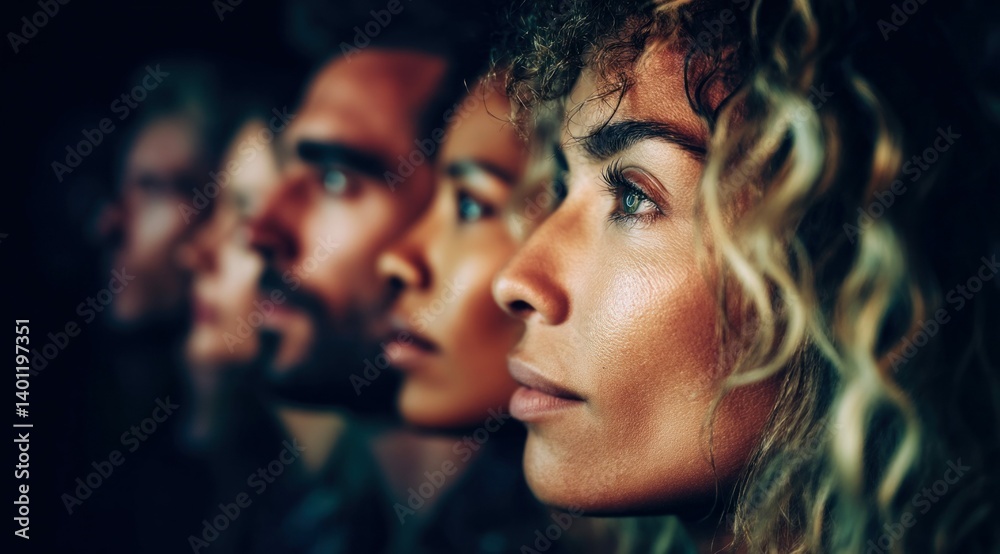 Obraz premium A group of diverse people stands in a row, gazing intently into the distance with thoughtful expressions.
