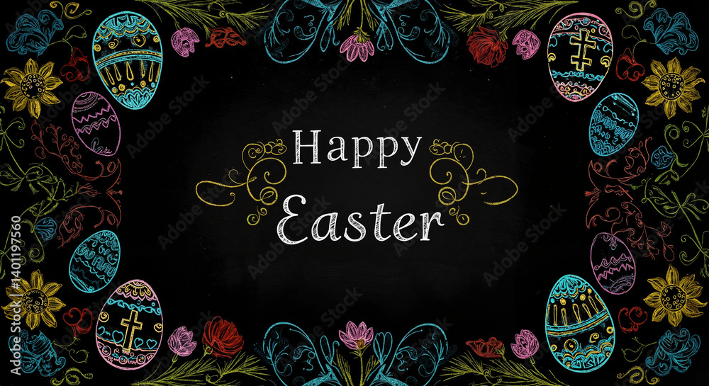 Happy Easter Decorative Card with Colorful Eggs and Flowers