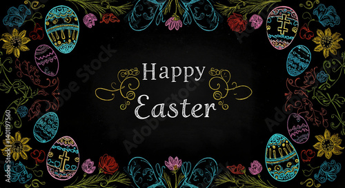 Obraz na płótnie Happy Easter Decorative Card with Colorful Eggs and Flowers w salonie