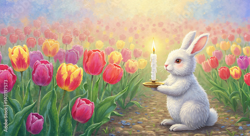 Obraz na płótnie White rabbit holding candle in a tulip garden at sunrise w salonie