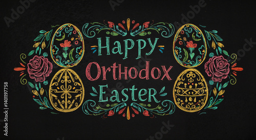 Happy Orthodox Easter Decorative Eggs and Floral Elements  
