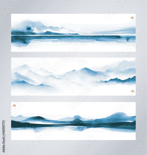 Set of three sumi-e style vector banners with misty mountain landscapes and serene water reflections in blue tones. Translation of hieroglyph - zen
