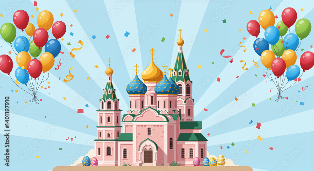 Colorful balloons celebrate the festive castle in a cheerful background