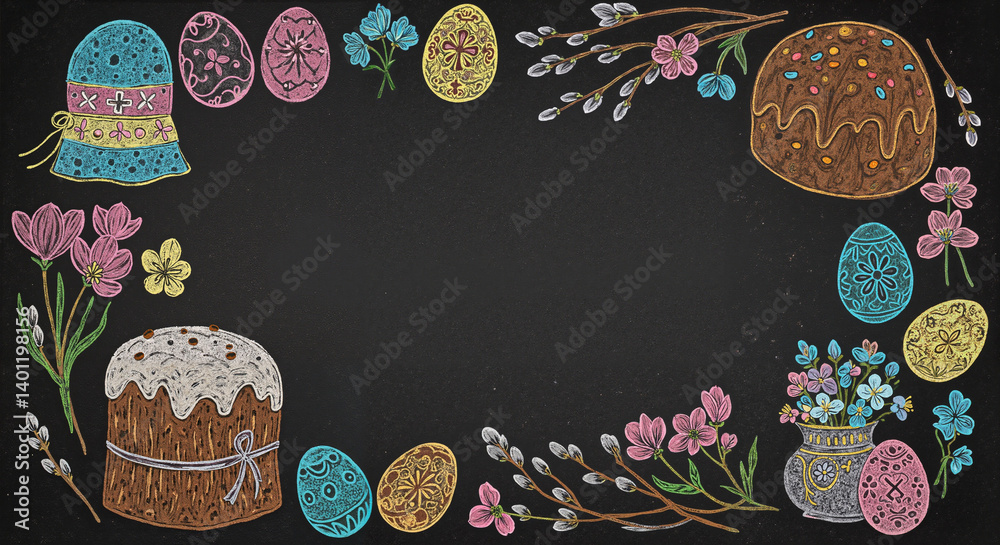 Easter decorations with eggs, flowers, and cakes on a black background
