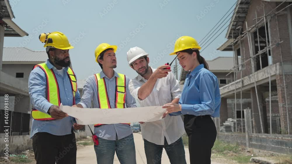 Group of architects and engineers work together to assess the residential home construction site's progress Group of architects and engineers work together to assess the residential home construction site's progress