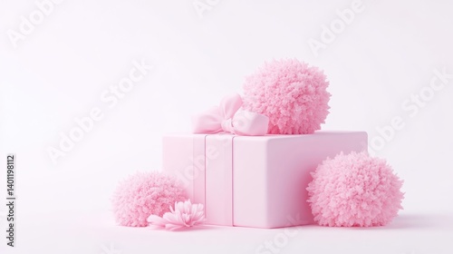 Pastel pink gift box with fluffy pom-poms and ribbon