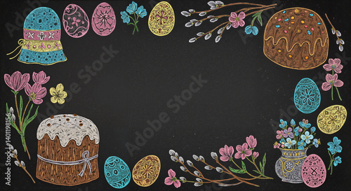 Obraz na płótnie Easter decorations with eggs, flowers, and cakes on a black background w salonie